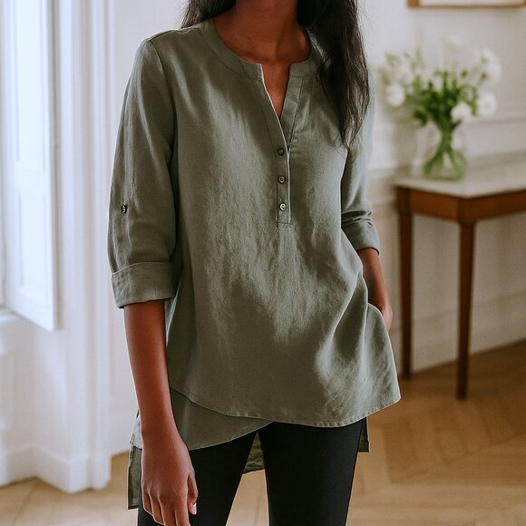Lulu-B Asymmetrical Hem Roll Tab Sleeve Crepe Lagenlook Layered Top Size Large - Picture 1 of 16